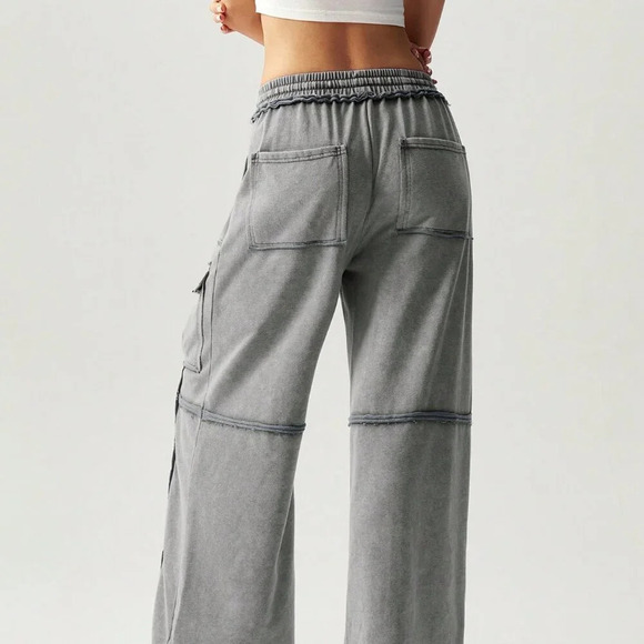 Dark Grey Casual Women's Vacation Knitted Pleated Pocket Palazzo Pants - Picture 4 of 7